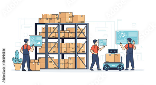 Modern warehouse operations showcasing automated systems and human workers collaborating effectively