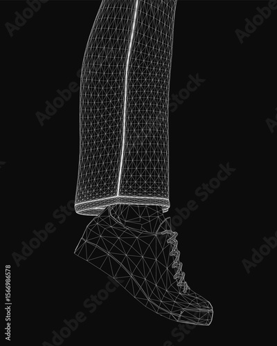 A 3D model of a human leg wearing stylish shoes, isolated on a black background. The detailed anatomy highlights muscles and contours, while the footwear adds a modern touch.