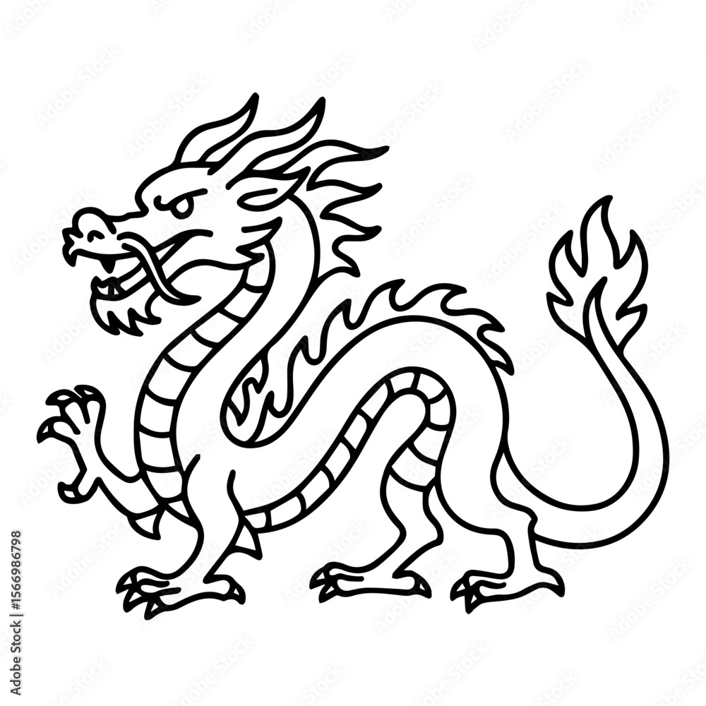Naklejka premium line icon mythical creature chinese dragon vector on white background Vector line icon on white background