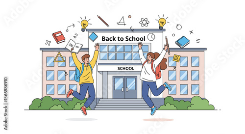 Excited students celebrating returning to school jumping happily in front of the school building surrounded by educational icons