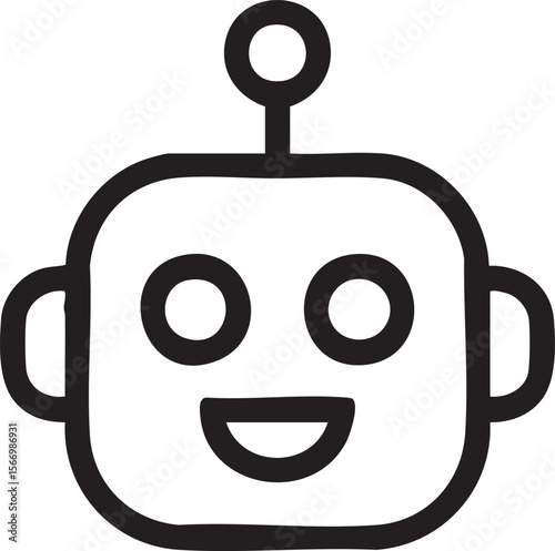 Cute Smiling Robot Face Icon With Antenna In Minimalist Line Style Perfect For Technology, AI, Robotics And Futuristic Concepts

