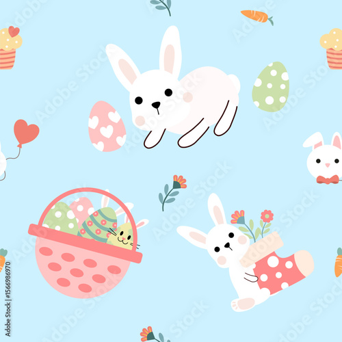 Seamless pattern with art design elements, and colorful Easter eggs.