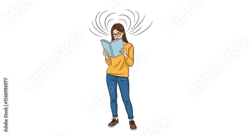 Young woman absorbing knowledge from open book illustrating concentration and learning process