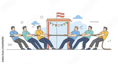 Team members engage in a competitive tug of war competition during a summer festival celebration showcasing their strength and unity in a fun outdoor activity