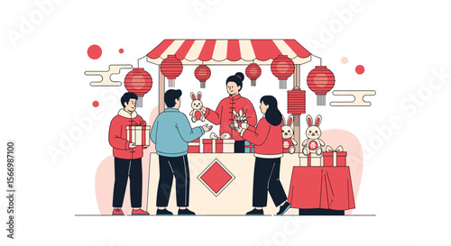 Lunar new year festive market scene people buying gifts and decorations from traditional stall with red lanterns