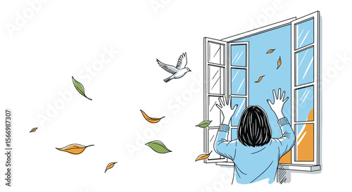A person indoors struggles with wind blowing leaves and small birds against a large glass window causing a messy chaotic scene outside