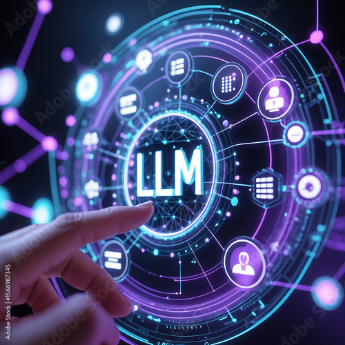 “LLM” in bold on neural mesh screen, with floating icons for text, code, speech, and language. Glowing blue-purple AI grid, sleek machine learning dashboard style.
