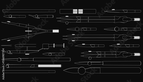 A black and white drawing of various tools including a pen, pencil, and measuring instruments on a dark background. The detailed sketch highlights precision and functionality with clean lines.