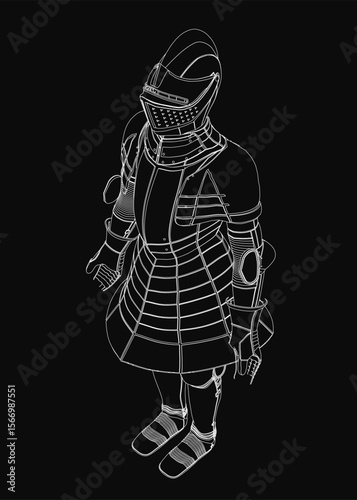 A medieval knight in full armor stands ready for battle, clad in a detailed helmet, breastplate, and gauntlets. He grips a sword in one hand and a shield in the other.