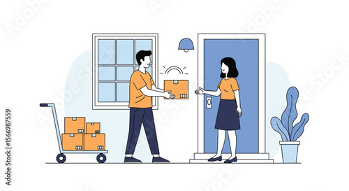 A courier delivers packages to a woman at her house doorway with a cart full of boxes and a cactus plant