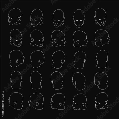 Fotografia A grid of male head silhouettes faces forward with clear facial features against a black background