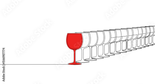 Red wine glass standing out among clear glasses on white background  
