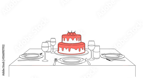 Two-tiered cake on dining table with plates and glasses arranged  