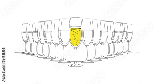Rows of champagne glasses with one filled glass in foreground  