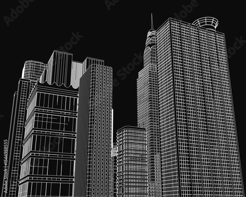 Black and white city skyline with towering skyscrapers under a dark dramatic background. The illustration features sharp architectural details and a striking monochrome contrast.
