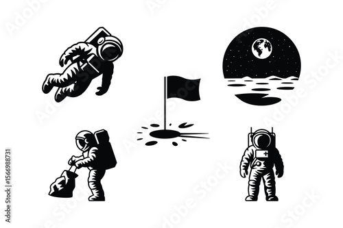 Astronauts exploring space planting flag collecting samples exploration moon
