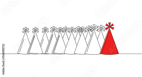 Abstract red pyramid standing out among gray shapes with flowers  