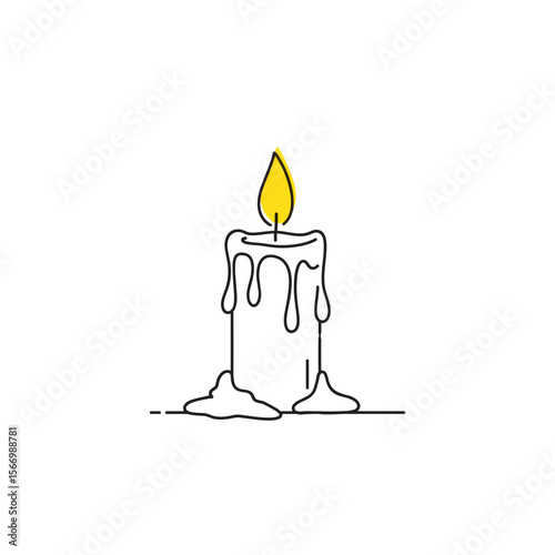 Yellow candle with melted wax on white background  