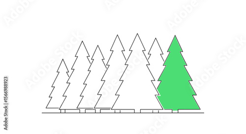 Outline of trees with one green tree standing out in the group  
