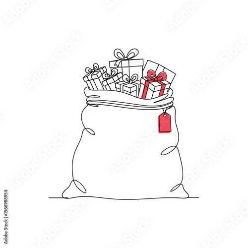 Gift bag filled with colorful presents and a red tag  