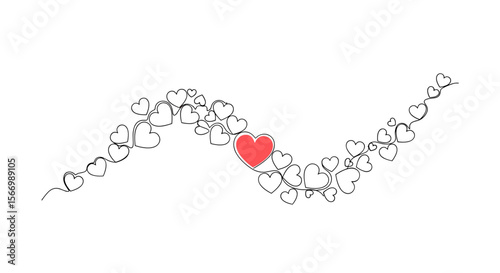 Outline of hearts in a wavy pattern with one red heart  