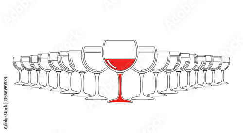 Red wine glass spilling among empty glasses on white background  