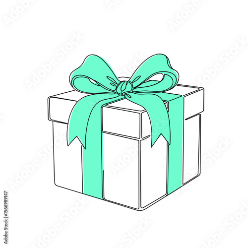 Gift box with mint ribbon in minimalist outline style  