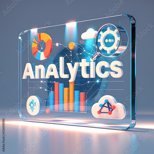 “ANALYTICS” centered on transparent glass with floating data stream, bar & pie charts, magnifier, cloud, neural net icons. Clean white background with light beam accents.
