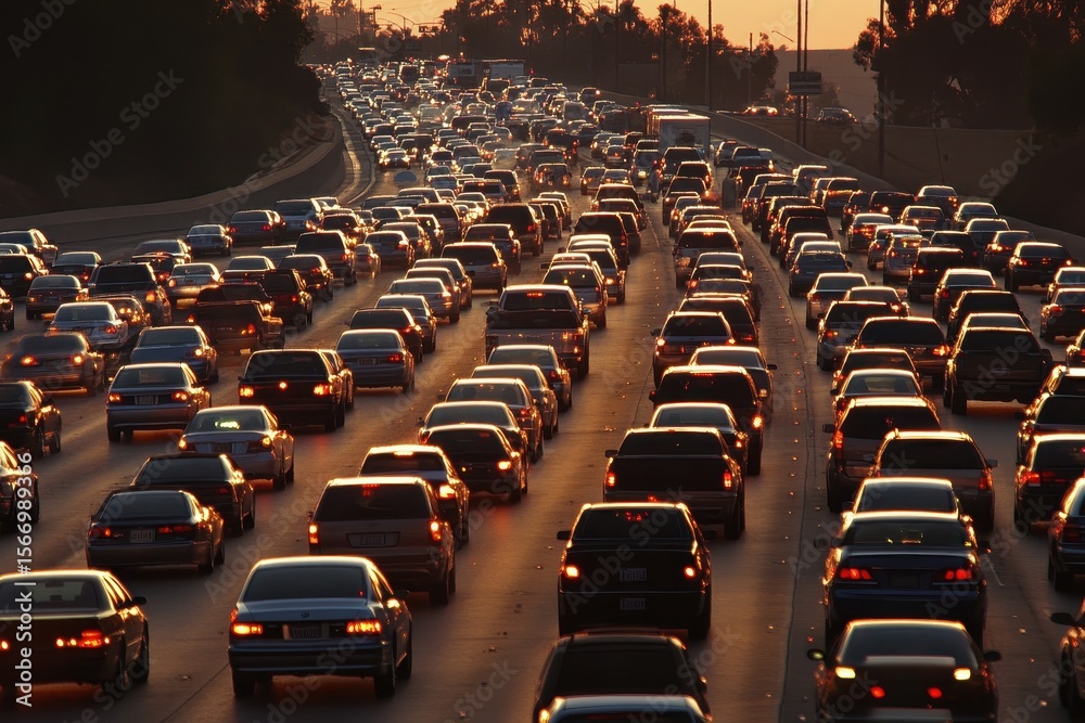Obraz premium Morning traffic flows into Los Angeles during rush hour with golden light illuminating vehicles, Time Lapse of morning traffic heading into Los Angeles on the 110 Freeway