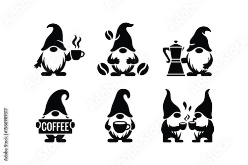 Black Silhouette Gnomes Enjoying Coffee and Coffee Making steam coffee beans
