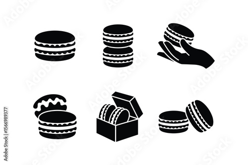 Black silhouette icons of macarons and a hand cookie cookies