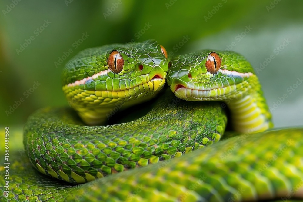 Obraz premium Close up of vibrant green pit viper leisurely resting on foliage in its natural habitat, Close up of pit viper moving slowly while laying on another viper