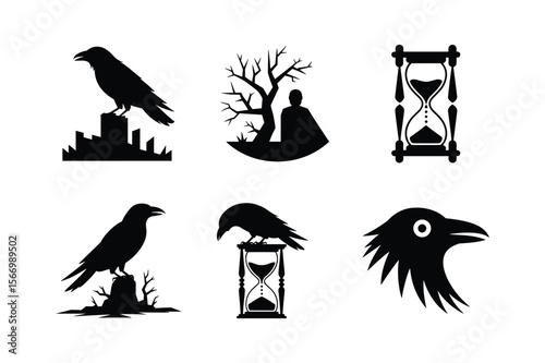 Black silhouette raven perched on stump and hourglass with sand crow bird