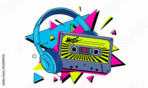 ,"retro cassette tape and headphones, 1980s pop culture, vector illustration, bright neon colors, white background"generative ai
