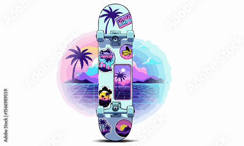 "skateboard with vaporwave stickers, pastel background, white backdrop, vector art""generative ai
