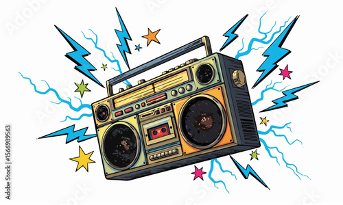 "boombox stereo, lightning bolts and stars, 80s music vibe, vector pop style""generative ai
