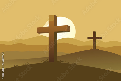 3d render of two rustic wooden crosses on a misty