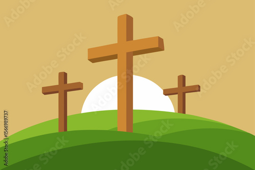 3d rendering of two wooden crosses standing on gra