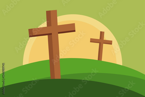 3d rendering of two wooden crosses standing on gra