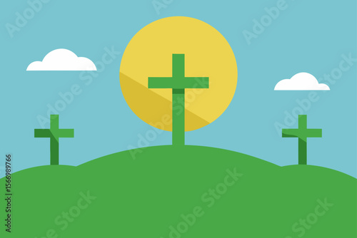 Calm morning light over grassy hill with two cross