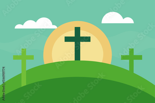 Calm morning light over grassy hill with two cross