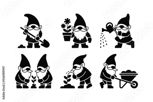 Garden gnomes engaged in various horticultural activities shovel watering can