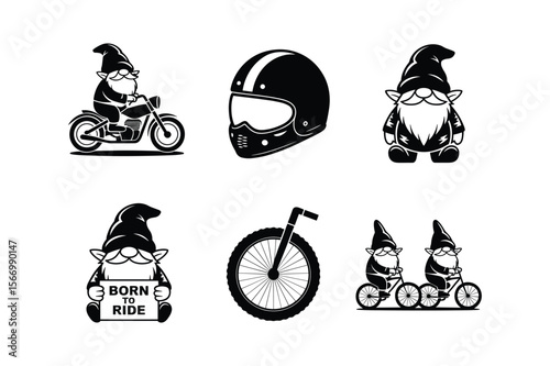 Gnome riding motorcycle and bicycle with helmet and sign vector