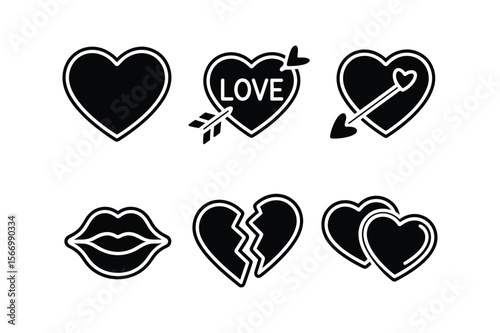 Heart shapes and lips silhouette icons love broken heart
