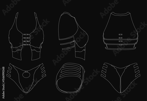 Women's underwear line drawing on black background with crisp white outlines. Clearly visible details include straps, cups, and pockets for a clean minimalist look.