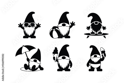 Playful gnomes enjoying summer activities beach vacation