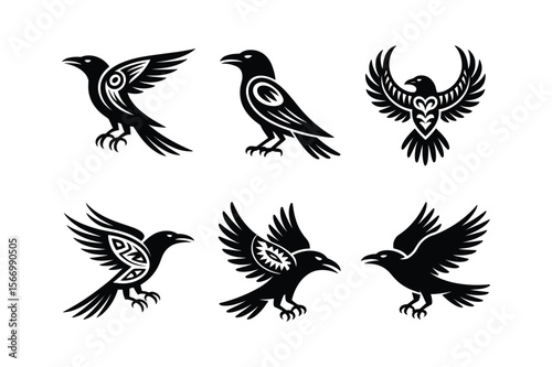 Tribal Ravens Flying and Perched in Various Poses crow bird