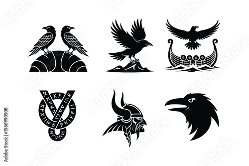 Viking Ravens Norse Ship Runes Warrior Helmet Silhouette bird