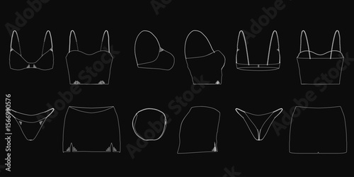 A detailed set of bras and panties in various designs and colors, sketched on a black background. Each piece features unique shapes, from lace to structured styles.