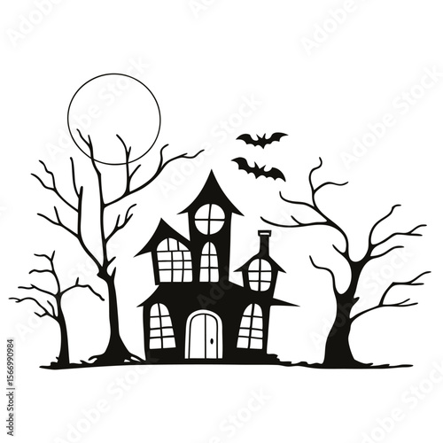 Spooky haunted house in a dark forest with a moonlit sky and a lone tree, a perfect Halloween night illustration